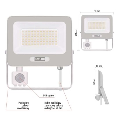 Naświetlacz LED GLARO PIR 50 W, biały, IP54, 5000 lm, neutralna biel