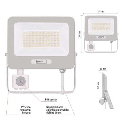 LED reflektor GLARO PIR 50 W, bel, IP54, 5000 lm, nevtralna bela