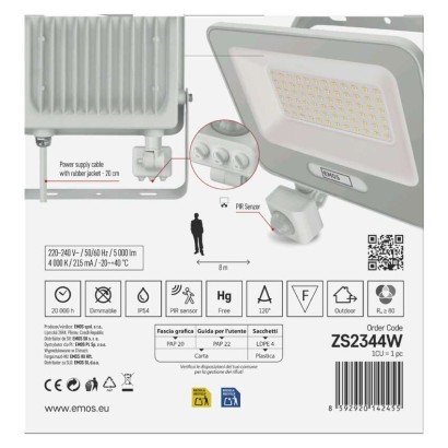 Naświetlacz LED GLARO PIR 50 W, biały, IP54, 5000 lm, neutralna biel