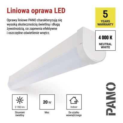 Oprawa liniowa LED PANO 20W, biała neutralna