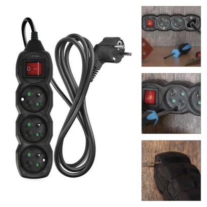 Prodlužovací kabel 1,5 m / 3 zásuvky / s vypínačem / černý / PVC / 1 mm2