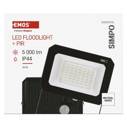 Naświetlacz LED SIMPO 50W,  z czujn. PIR, czarny, neutralna biel
