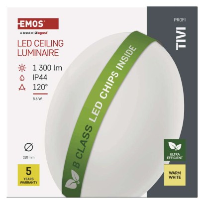 LED griestu gaismeklis TIVI, B CLASS, apaļš balts 8,6W, IP44, Silti balta