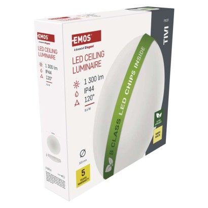 LED griestu gaismeklis TIVI, B CLASS, apaļš balts 8,6W, IP44, Silti balta