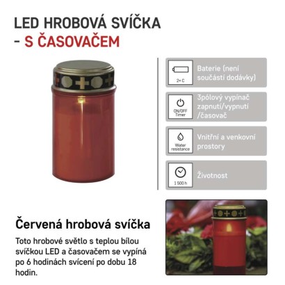 LED hřbitovní svíčka červená, 2x C, venkovní i vnitřní, teplá bílá, časovač