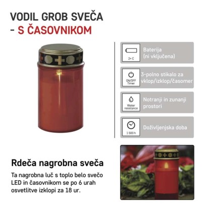 LED nagrobna sveča rdeča, 2x C, zunanja in notranja, topla bela, časovnik