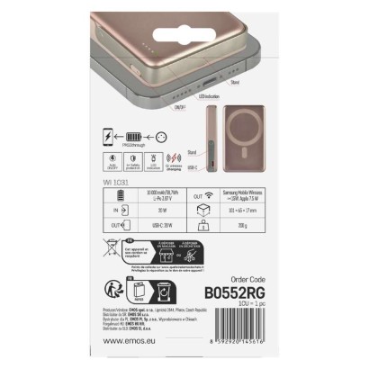 Power bank EMOS WI 1031, 10 000 mAh, 20 W + wireless, ružovo-zlatá