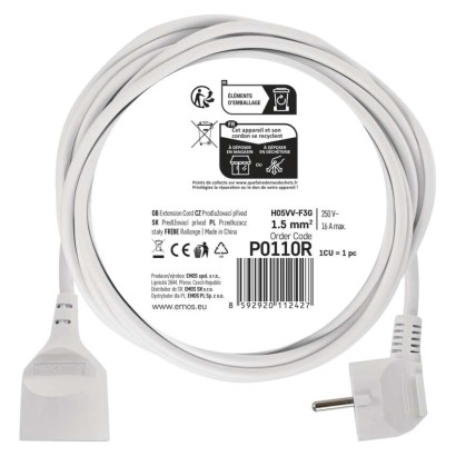 Przedłużacz 10 m / 1 gniazdo / biały / PVC / 1,5 mm2