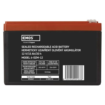 SLA (hermētisks svina un skābes elementu) akumulators, 12 V/15 Ah, Faston, 6,3 mm