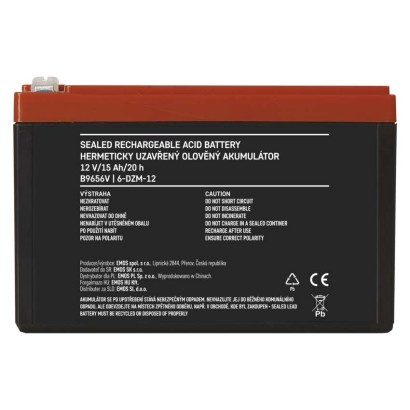 SLA (hermētisks svina un skābes elementu) akumulators, 12 V/15 Ah, Faston, 6,3 mm