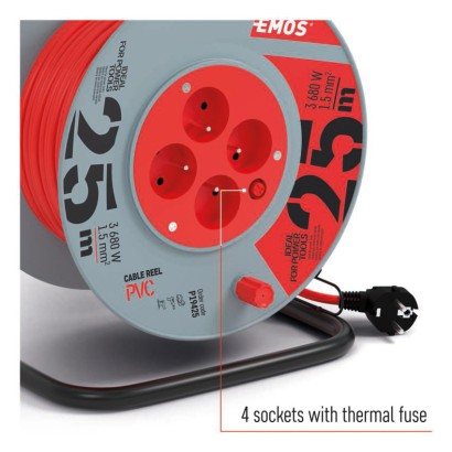Prodlužovací kabel na bubnu 25 m / 4 zásuvky / červený / PVC / 230 V / 1,5 mm2
