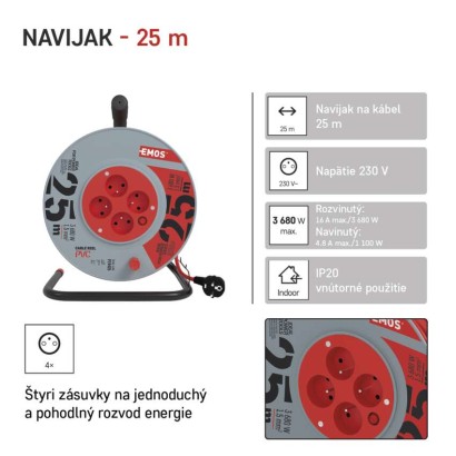 Predlžovací kábel na bubne 25 m / 4 zásuvky / červený / PVC / 230 V / 1,5 mm2