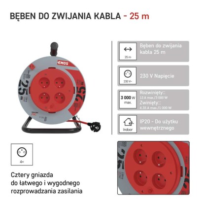 Przedłużacz bębnowy 25 m / 4 gniazda / PVC / 230 V / 1,5 mm2 / nieruchomy środek