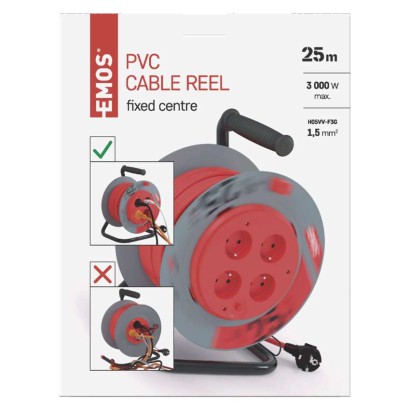 Prodlužovací kabel na bubnu, pevný střed / 25m / 4 zásuvky / červený / PVC / 230V / 1,5mm2