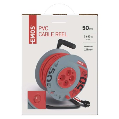 Prodlužovací kabel na bubnu 50 m / 4 zás. / s vypínačem / červený / PVC / 230V / 1,5 mm2