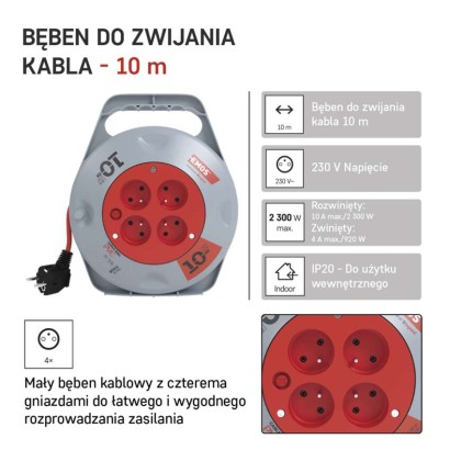 Przedłużacz zwijany 10 m / 4 gniazda / czerwony / PVC / 230 V / 1 mm2