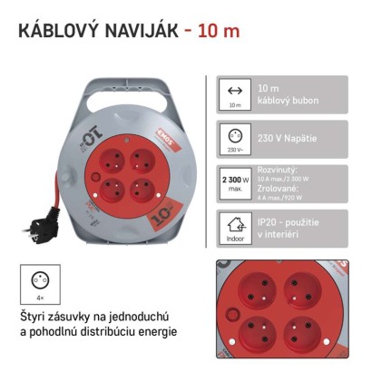 Predlžovací kábel na bubne 10 m / 4 zásuvky / červený / PVC / 230 V / 1 mm2