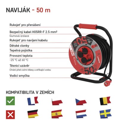 Venkovní prodlužovací kabel na bubnu 50 m / 4 zásuvky / černý / guma / 230 V / 1,5 mm2