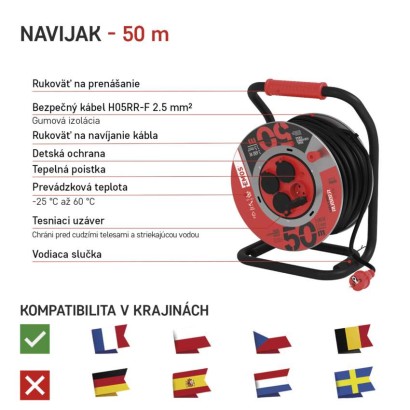 Vonkajší predlžovací kábel na bubne 50 m / 4 zásuvky / čierny / guma / 230 V / 1,5 mm2