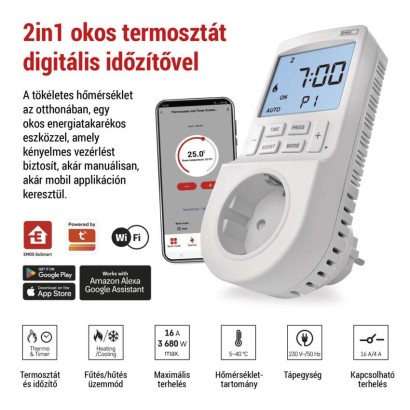 GoSmart 2 az 1-ben konnektoros, digitális termosztát időzítő funkcióval, schuko, WiFi