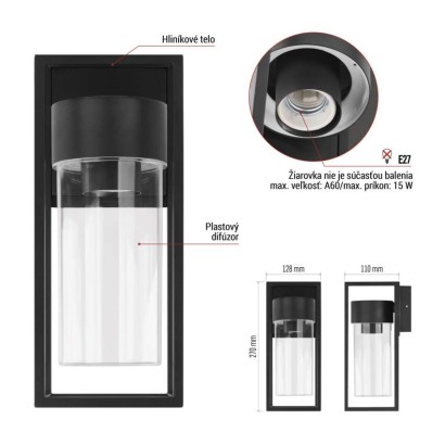 Záhradné nástenné svietidlo TILLIA, 12,8 x 11 x 27 cm, 1 x E27, 15 W