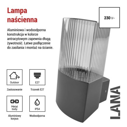 Lampa naścienna Garden LANA 22 cm, na żarówkę E27 max 25W, IP54