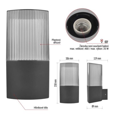 Zahradní nástěnné svítidlo LANA, 11,7 x 10,6 x 21,8 cm, 1 x E27, 25 W