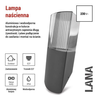 Lampa naścienna Garden LANA 28,6 cm, na żarówkę E27 max 25W, IP54
