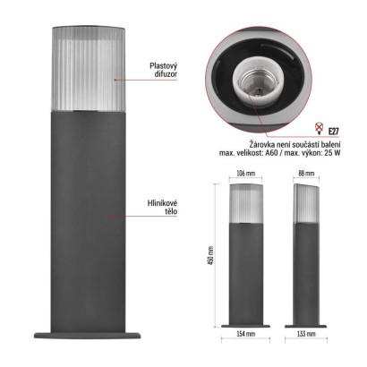 Zahradní sloupkové svítidlo LANA, 15,3 x 13,3 x 45 cm, 1 x E27, 25 W