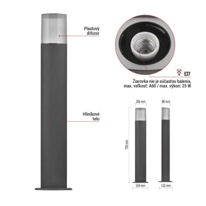 Záhradné stĺpikové svietidlo LANA, 15,4 x 13,3 x 75 cm, 1 x E27, 25 W