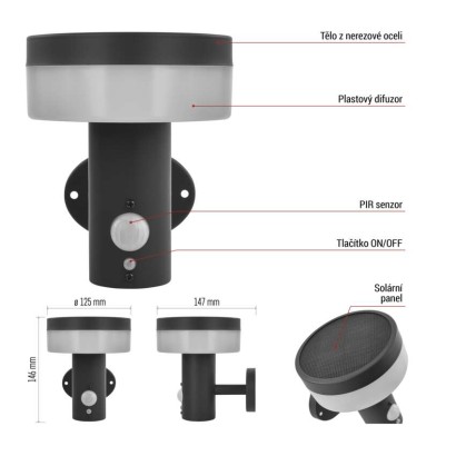 LED zahradní solární nástěnné svítidlo TERION, čidlo soumraku, 12,5 x 14,7 x 14,6 cm