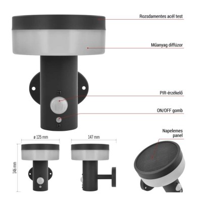 LED napelemes kerti fali lámpa TERION szürkületérzékelővel, 12,5 x 14,7 x 14,6 cm