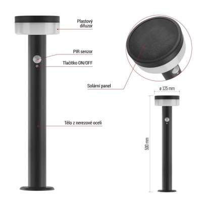 LED zahradní solární sloupkové svítidlo TERION, čidlo soumraku, 12,5 x 12,5 x 50 cm