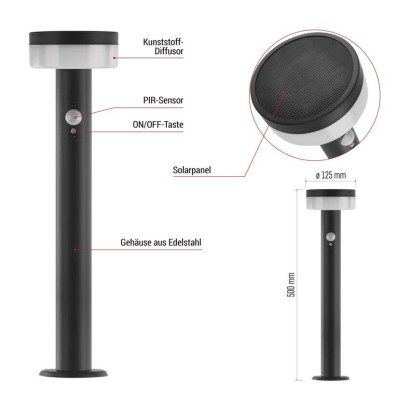 LED Solar-Garten-Pollerleuchte TERION mit Dämmerungssensor, 12,5 × 12,5 × 50 cm