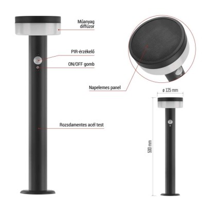LED napelemes kerti lámpa TERION szürkületérzékelővel, 12,5 x 12,5 x 50 cm