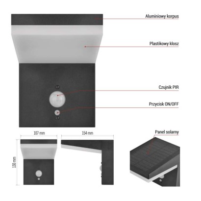 Lampa LED naścienna Garden VEREA solarna, ciepła biel, max 460 lm, IP44, PIR