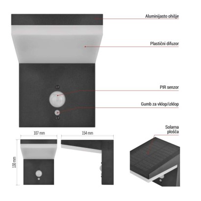 Vrtna LED stenska svetilka VEREA s PIR senzorjem, 10,7 x 15,4 x 13 cm