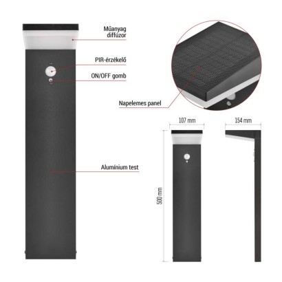 LED napelemes kerti fali lámpa VEREA szürkületérzékelővel, 10,7 x 15,4 x 50 cm