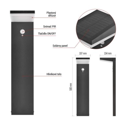LED záhradné solárne stĺpikové svietidlo VEREA, senzor súmraku, 10,7 x 15,4 x 50 cm
