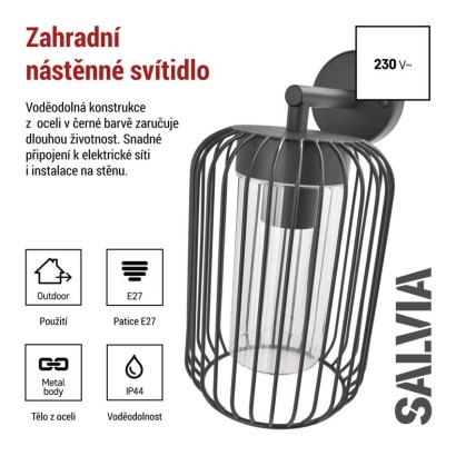 Zahradní nástěnné svítidlo SALVIA, 20,8 x 16 x 28,5 cm, 1 x E27, 15 W