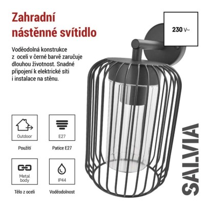 Zahradní nástěnné svítidlo SALVIA, 20,8 x 16 x 28,5 cm, 1 x E27, 15 W