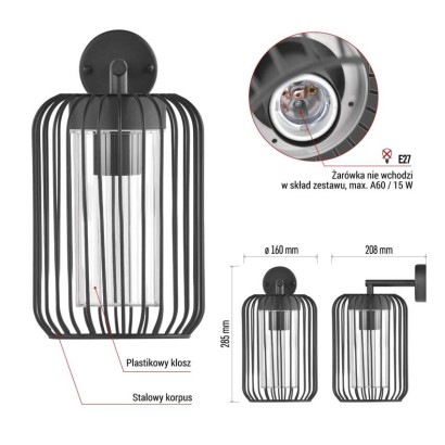 Lampa naścienna Garden SALVIA 28,5cm, na żarówkę E27 max 15W, IP44