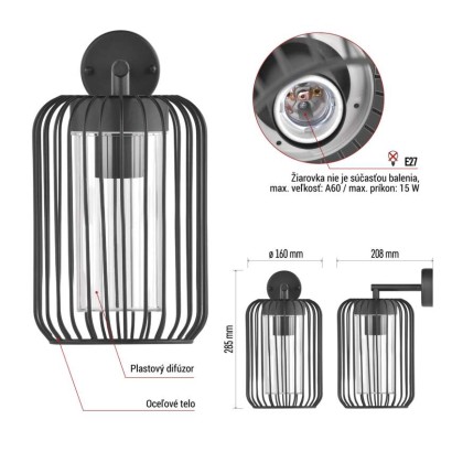 Zahradné nástenné svietidlo SALVIA, 20,8 x 16 x 28,5 cm, 1 x E27, 15 W