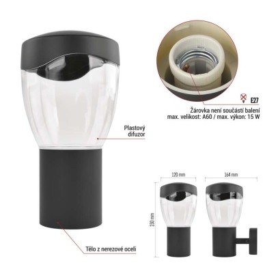 Zahradní nástěnné svítidlo ARTEO, 16,4 x 12 x 23 cm, 1 x E27, 15 W