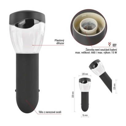 Zahradní nástěnné svítidlo ARTEO, 12 x 12 x 33 cm, 1 x E27, 15 W