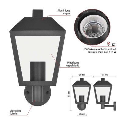 Lampa naścienna Garden ADENIA 28cm, na żarówkę E27 max 15W, IP44