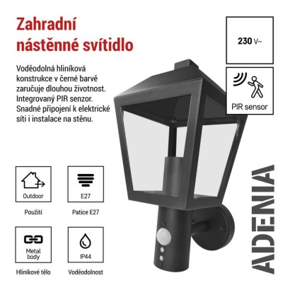 Zahradní nástěnné svítidlo ADENIA, čidlo soumraku, 19,8 x 15 x 29,8 cm, 1 x E27, 15 W