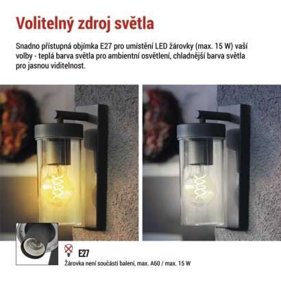 Zahradní nástěnné svítidlo ZALA,  12,8 × 8,0 × 23,0 cm, 1 × E27, 15 W