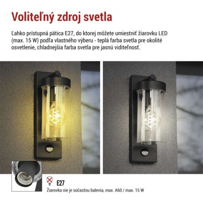 Záhradné nástenné svietidlo ZALA, senzor súmraku, 12,8 × 8 × 28 cm, 1 x E27, 15 W