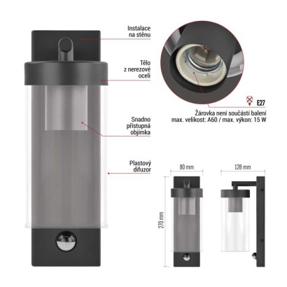 Zahradní nástěnné svítidlo ZALA, čidlo soumraku, 12,8 × 8 × 28 cm, 1 × E27, 15 W